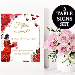 Set 3 Table Signs, Guest Quinceañera Red Gold roses, 15th Floral, Mis XV Quince Años, Digital Card Printable, Centerpiece Signage, Download
