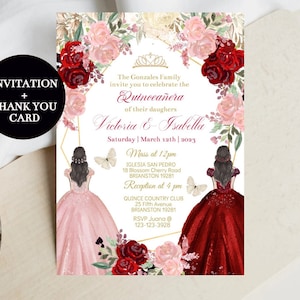 Twins Quinceañera Invitation, Red Wine Blush Pink Princess Floral 15 Invito digitale, Mis XV Quince, Sweet 16, Download modello modificabile fai da te