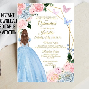 Quinceañera Einladung, DIY Bearbeitbare Vorlage, Baby Blau Pink, Mis XV Quince Princess Einladung, Digitaldruck, Sweet 16, Sofort Download