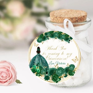 Emerald Green Quinceañera Editable Template Round Thank You Favor Tag, Circle Mis XV Quince, Sweet 16, Digital Printable Instant Download