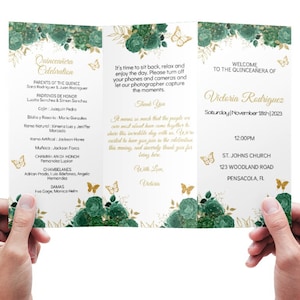 Emerald Green Event Program Template Quinceañera, Digital Order of Events Mis XV Quince Menu, Printable, Editable Online Instant Download