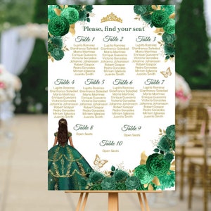 Seating Chart Quinceañera, DIY EDITABLE Template, XV Table Plan, Princess Emerald Green Gold, Find your seat Sign Digital Poster, Download