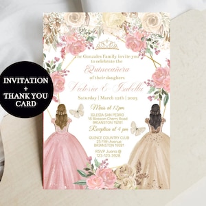 Twins Quinceañera Invitation, Champagne Rose Gold Princess Floral 15 Digital Invite, Mis XV Quince, Sweet 16, DIY Editable Template Download