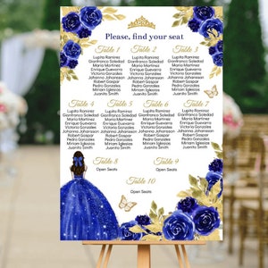 Seating Chart Quinceañera, Sweet 16, Royal Blue Floral Gold EDITABLE Template, Table Plan Princess XV , Find your seat Sign Digital Download