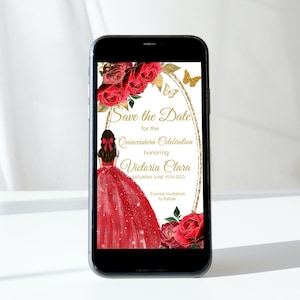 Electronic Save the Date Quinceañera, Sweet 16, DIY Editable Template, Red Gold Floral, Text Message Mobile Phone Mis XV, Instant Download