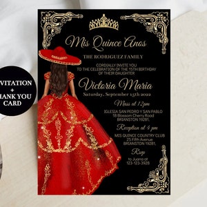 Quinceañera Invitation Red Charro, Red Gold Princess, Editable Template Mis Quince Años, Digital Invite XV Girl Mexican Birthday, Download