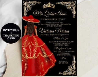 Quinceañera Invitation Red Charro, Red Gold Princess, Modèle modifiable Mis Quince Años, Digital Invite XV Girl Mexican Birthday, Télécharger