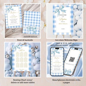May include: A collection of baptism stationery in a light blue gingham pattern. Includes invitations, a welcome sign, seating chart, and electronic evites. Each item features a bow and cross design, with text that reads "Baptism" and the name "Oliver Roberts."