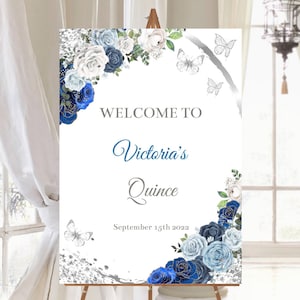 Signo de bienvenida editable Rosas azules plateadas con mariposa, Boda, Despedida de soltera, Mis Quince anos, Quinceañera, Sweet 16 Póster de invitado, Digital