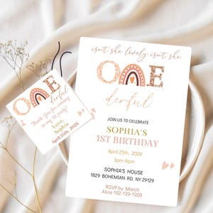 Invitación de primer cumpleaños para niña encantadora, plantilla editable, tarjeta digital moderna, fiesta de arcoíris boho, etiqueta de regalo, imprimible, texto para móvil