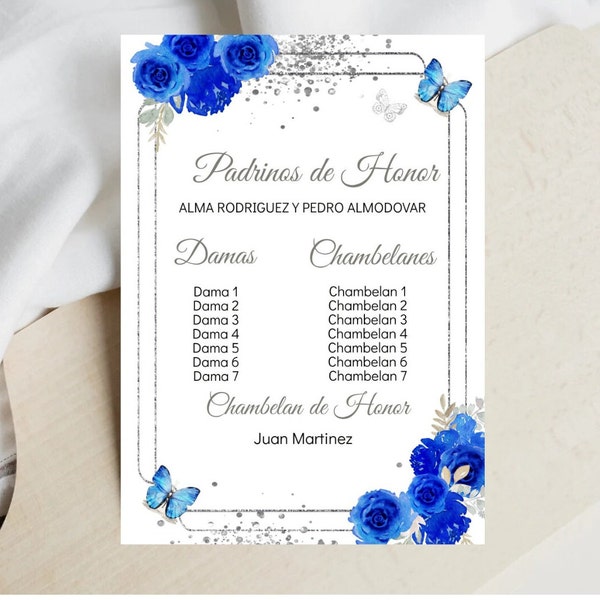 Quinceañera Corte de Honor, Royal Blue Silver Floral with Butterflies, Mis Padrinos List Printable, DIY Editable Template. INSTANT Download