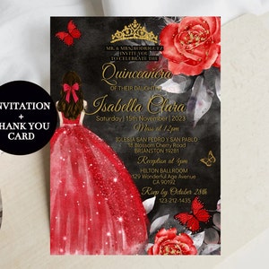 Quinceañera Invitation Editable Template, Red Black Gold Butterfly, Digital Invite Mis Quince Anos, XV quince, Sweet 16, Instant Download