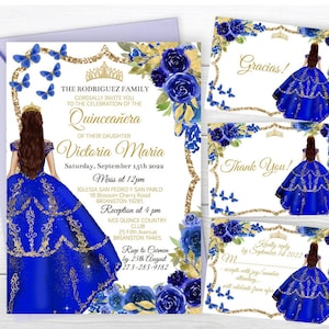 Set Quinceañera Charro Invitation Sweet Sixteen, Editable Template Mis XV Quince Años Royal Blue Gold Butterfly Princess, Digital, Download