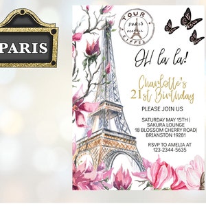 Paris Birthday Invitation, Eiffel Tower Editable Template Sweet Sixteen Party 21st 15th girl, pink floral digital invites instant download