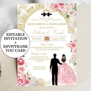 Gemelos Niño Niña Quinceañera Invitación Corona Dulce Dieciséis 16, Plantilla Editable Rosa Floral Oro 15 Tarjeta de Cumpleaños Digital Imprimible Descargar