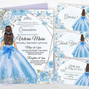 Set Quinceañera Invitation Editable Template, Baby Blue Silver Princess Butterfly Mis Quince Anos Digital Invite Sweet 16 15th Girl Download