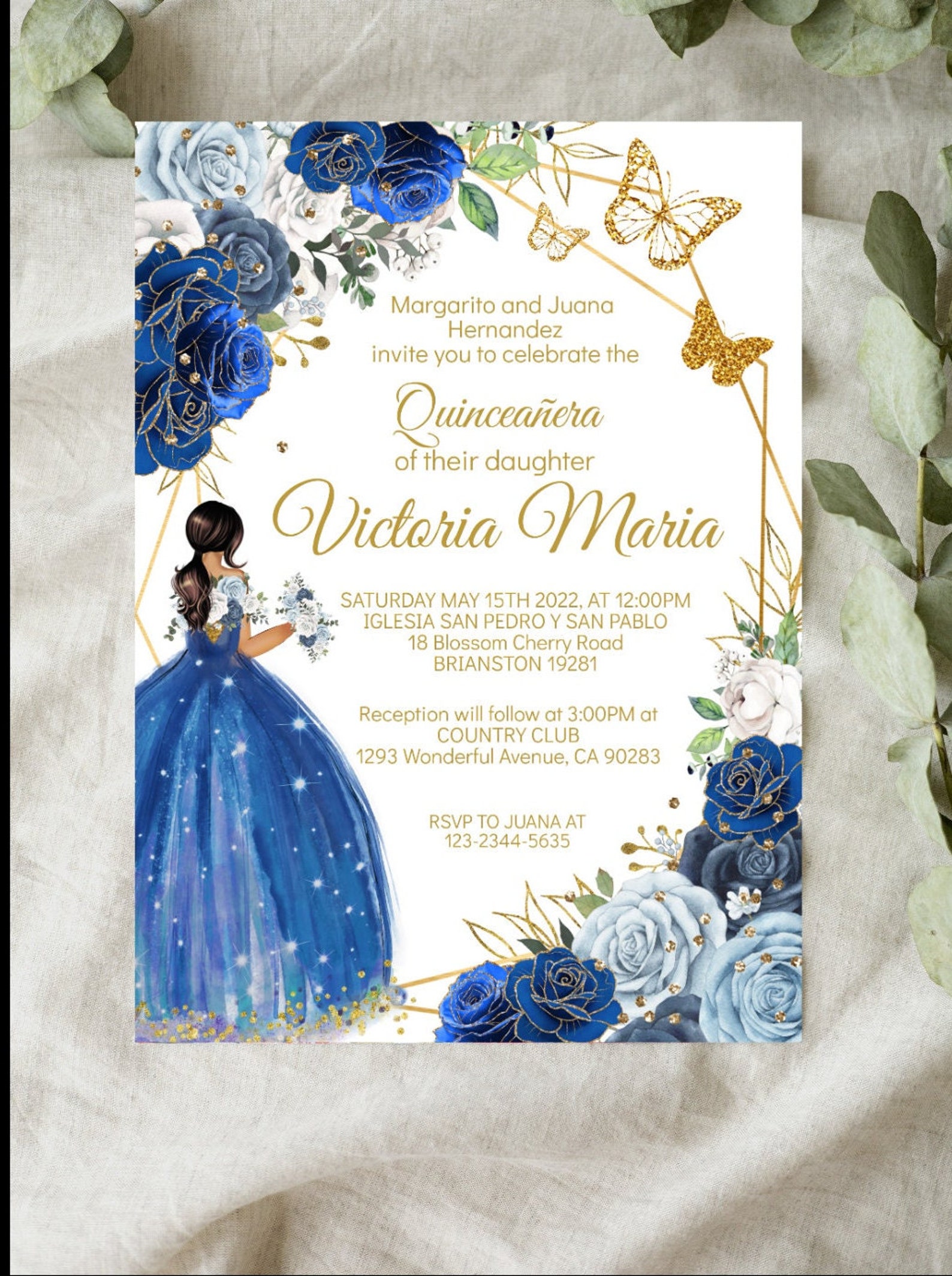 Quinceañera Thank You Card With Picture Royal Blue Rose Etsy