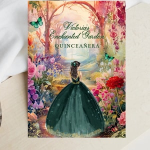 Faire-part Quinceañera jardin enchanté, robe vert émeraude, modèle modifiable DIY, carte numérique Magic Forest Floral Mis XV Coing Sweet 16