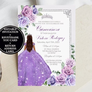 Set Invitación Quinceañera Púrpura Plata Floral, Princesa Lila Vestido DIY Plantilla Editable Mis Quince XV Digital Imprimible Descarga Instantánea