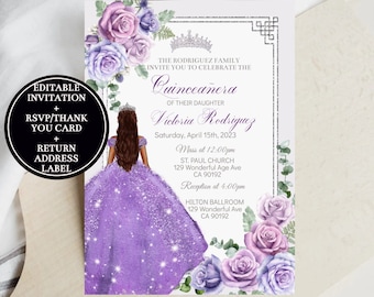 Set Quinceanera Invitation Purple Silver Floral, Princess Lilac Dress DIY Editable Template Mis Quince XV Digital Printable Instant Download
