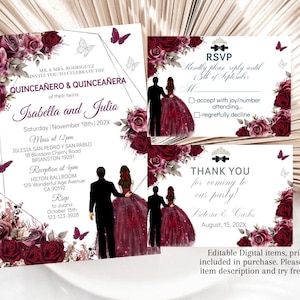 Faire-part Quinceañera jumeaux garçon fille, modèle modifiable, carte d'anniversaire argent bordeaux 15 invitation numérique, téléchargement princesse Mis XV Sweet 16