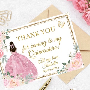 Plantilla Editable DIY Quinceañera Gracias Tarjeta, Blush Pink Gold Floral, Mis XV Quince Princess, Sweet Sixteen 16 Note, Digital, Download