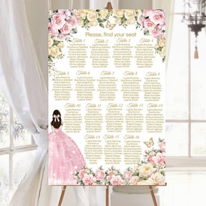 Tabla de asientos de Quinceañera, Plan de mesa para invitados, Dulce cumpleaños 16,15, Floral de champán rosa, Encuentra tu asiento, Plantilla editable digital