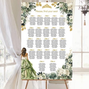 DIY EDITABLE Seating Chart, Sage Green Quinceañera, Mis XV Quince Princess 16, 15 Guest Table Plan Sign, Find your seat, Printable Download