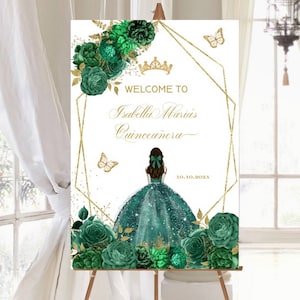 Quinceañera Welcome Sign, Emerald Green Gold Princess XV Butterfly Signage, Sweet 16 Guest DIY Editable Template Digital Printable, Download