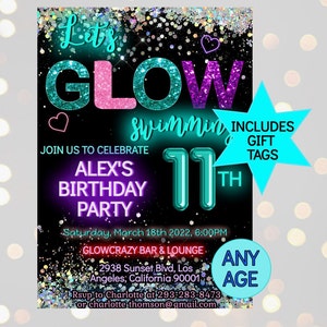 Glow in the Dark Birthday Invitation Girl,  Pool Party Invites, Neon Let's Glow Crazy Laser, Editable Template Digital Invitation Download