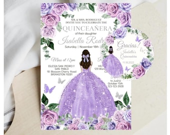 Quinceañera Invitation Editable Template, Purple Silver Rose, Princess Tiara and Butterfly, Mis XV Quince Años, Favor Tags, Digital Download