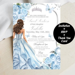 Invitación Dulce 16 Flores Plata Azul Claro, Vestido Niña Mis XV, Corona, Invitación Digital Quinceañera Mariposa, Plantilla EDTITABLE, Descargar