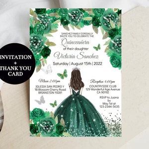 Quinceañera Invitation Editable Template Emerald Green Silver Floral Princess Butterfly Mis Quince Años XV Sweet Sixteen Digital Download