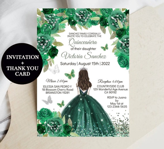 Quinceañera Invitation Editable Template Emerald Green Silver Etsy