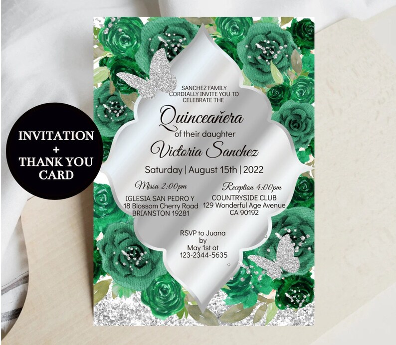 Quinceañera Invitation Editable Template Emerald Green Silver Etsy