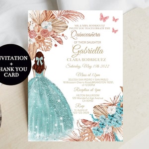 Modello modificabile invito Quinceañera Boho Pampas Erba Baby Blue Princess Butterfly Mis Quince Invito digitale XV Fiesta messicana Scarica