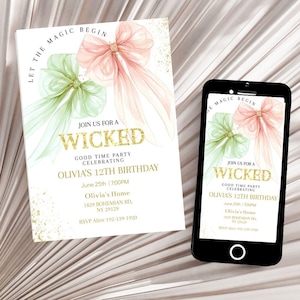 Wicked Good Time Einladung zur Geburtstagsfeier, druckbare Karte, bearbeitbare Vorlage, Teenager einladen, kokett grün rosa Schleife, Geschenkanhänger, Digital