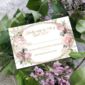 Blozen roze bloemen gouden vlinders, Quinceañera RSVP-kaart Mis Quince Años verjaardag antwoord DIY bewerkbare sjabloon afdrukbaar, direct downloaden