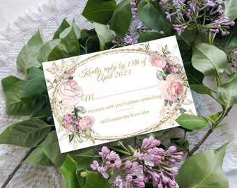 Blush Pink Floral Gold Butterflies, Quinceañera RSVP Card Mis Quince Años Birthday Reply DIY Editable Template Printable, Instant Download