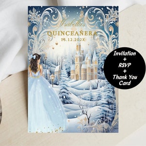 Quinceañera Invitation Winter Wonderland, Light Blue Dress, Mis XV Quince, Sweet 16, Digital Invite, DIY EDITABLE Template Instant Download