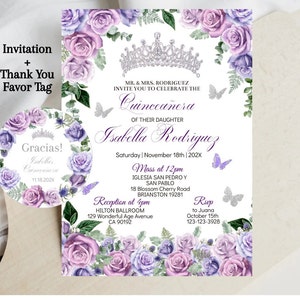 Quinceañera Invitation Editable Template, Purple Silver Floral, Tiara Butterfly, Mis XV Quince Años, Favor Tags, Digital Printable, Download