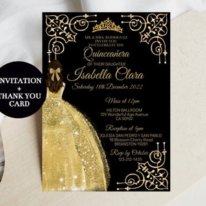 Elegant Quinceañera Invitation Editable Template, Gold Black, Digital Invite Mis XV Quince Años Spanish Birthday Sweet 16, Instant Download