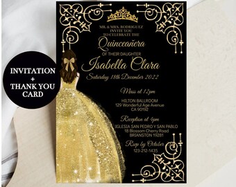 May include: Black and gold Quinceañera invitation with a gold glitter dress and crown. The invitation includes the name Isabella Clara, the date Saturday 18th December 2022, and details for the Mass and Reception.