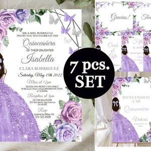 Quinceañera Invitation Purple Rose Silver, Princess Butterfly, Spanish Birthday 15th Girl Quince, Digital Invites Editable Template Download