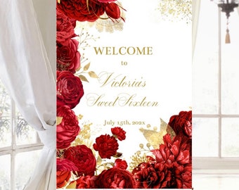 Vino Rojo Oro Floral Quinceañera Signo de Bienvenida, Señalización de Invitados de Entrada, Dulce 16 Cartel Digital DIY Plantilla Editable, Imprimible, Descargar