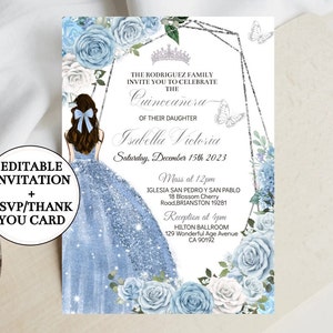 Invito Quinceañera modificabile Dusty Blue Silver Floral, Sweet 16, 15th Princess, Modello Tiara Mis XV, Invito digitale XV Quince, Scarica