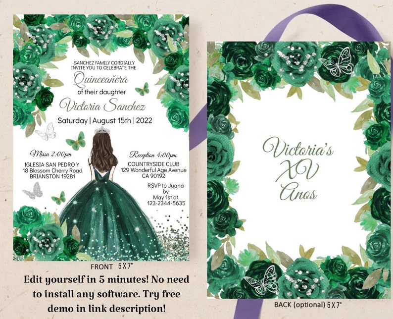 Quinceanera Invitation Editable Template Emerald Green Silver Etsy