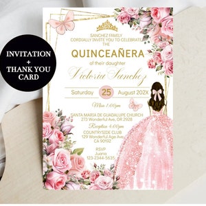 Quinceañera Invitation, Blush Pink Floral, DIY Editable Template Mis XV Quince Años Princess, 15 Tiara, Butterfly Invite, Sweet 16, Download