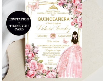 Quinceañera Invitation, Blush Pink Floral, DIY Editable Template Mis XV Quince Años Princess, 15 Tiara, Butterfly Invite, Sweet 16, Download