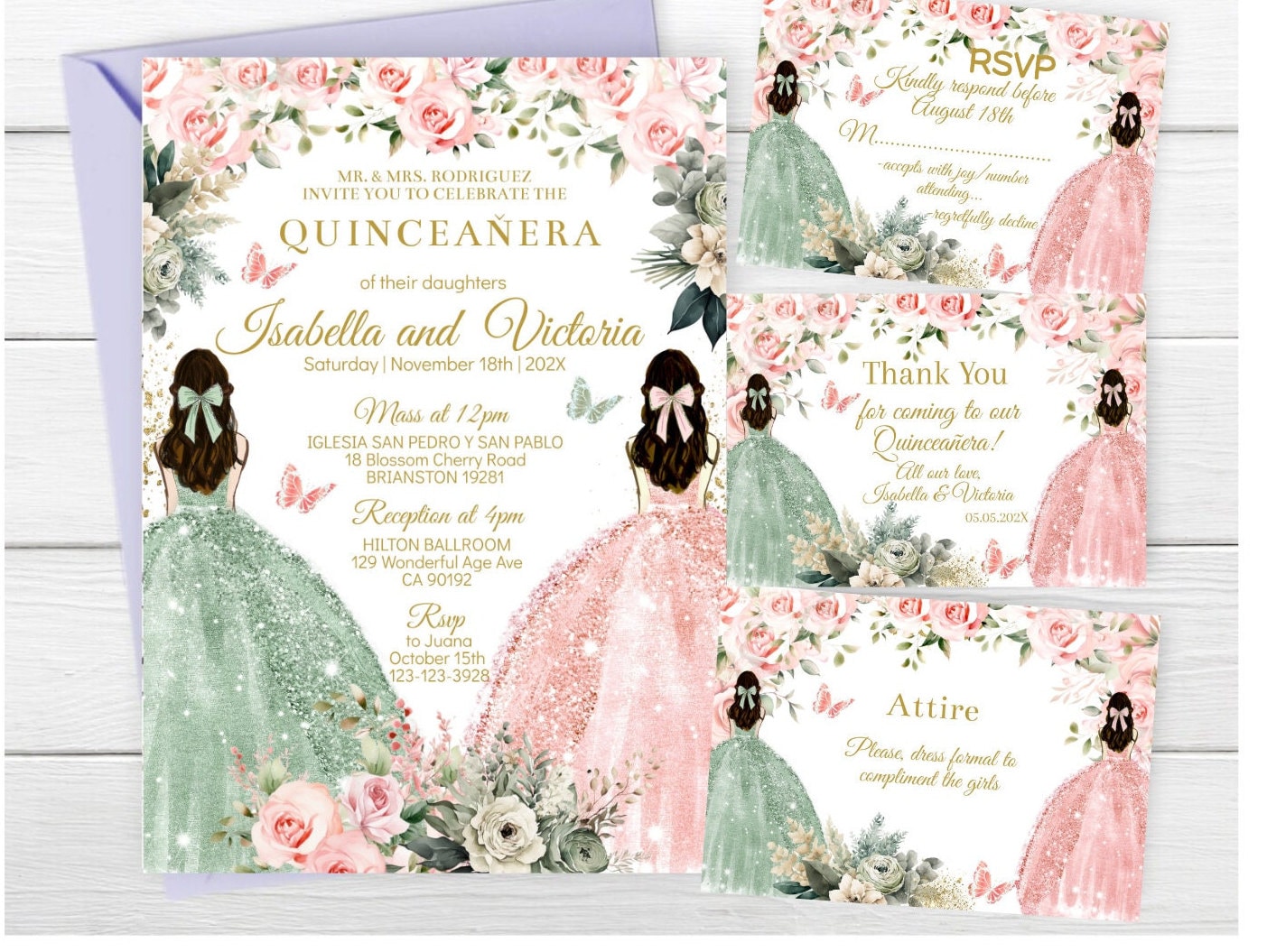 Twins Quinceañera Invitation, Sweet 16 Digital Invite, Sage Green